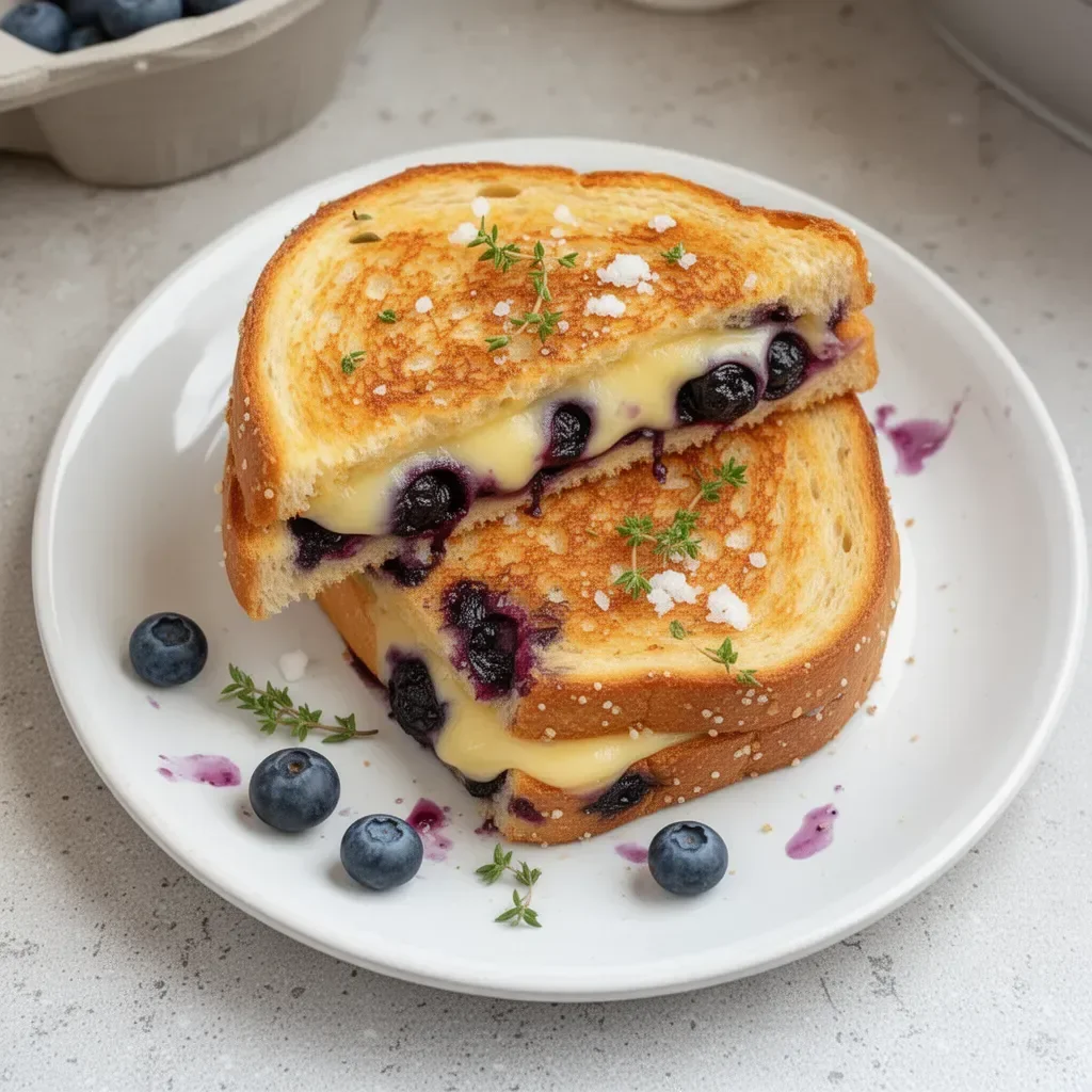 Juicy blueberry grilled cheese sandwich with melted cheese and fresh blueberries