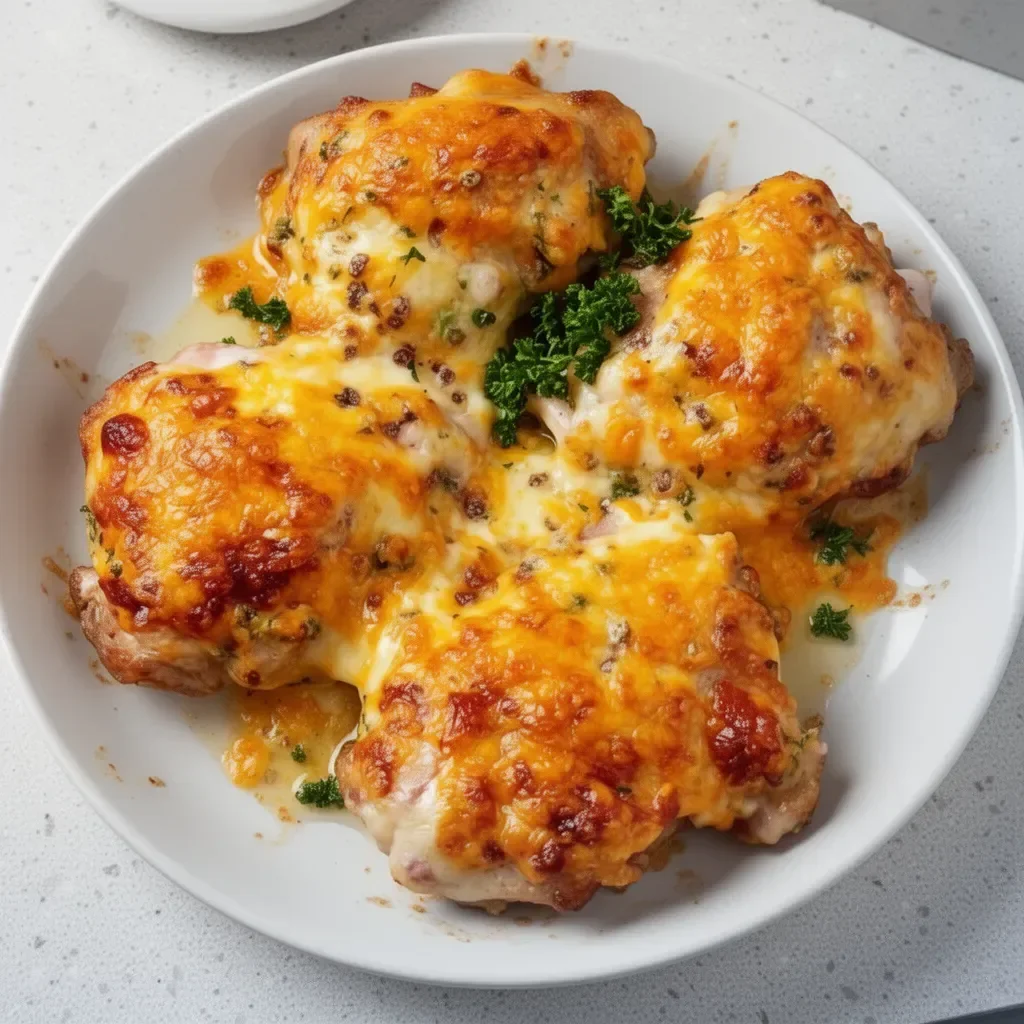 Keto baked cheesy ranch chicken thighs served on a plate