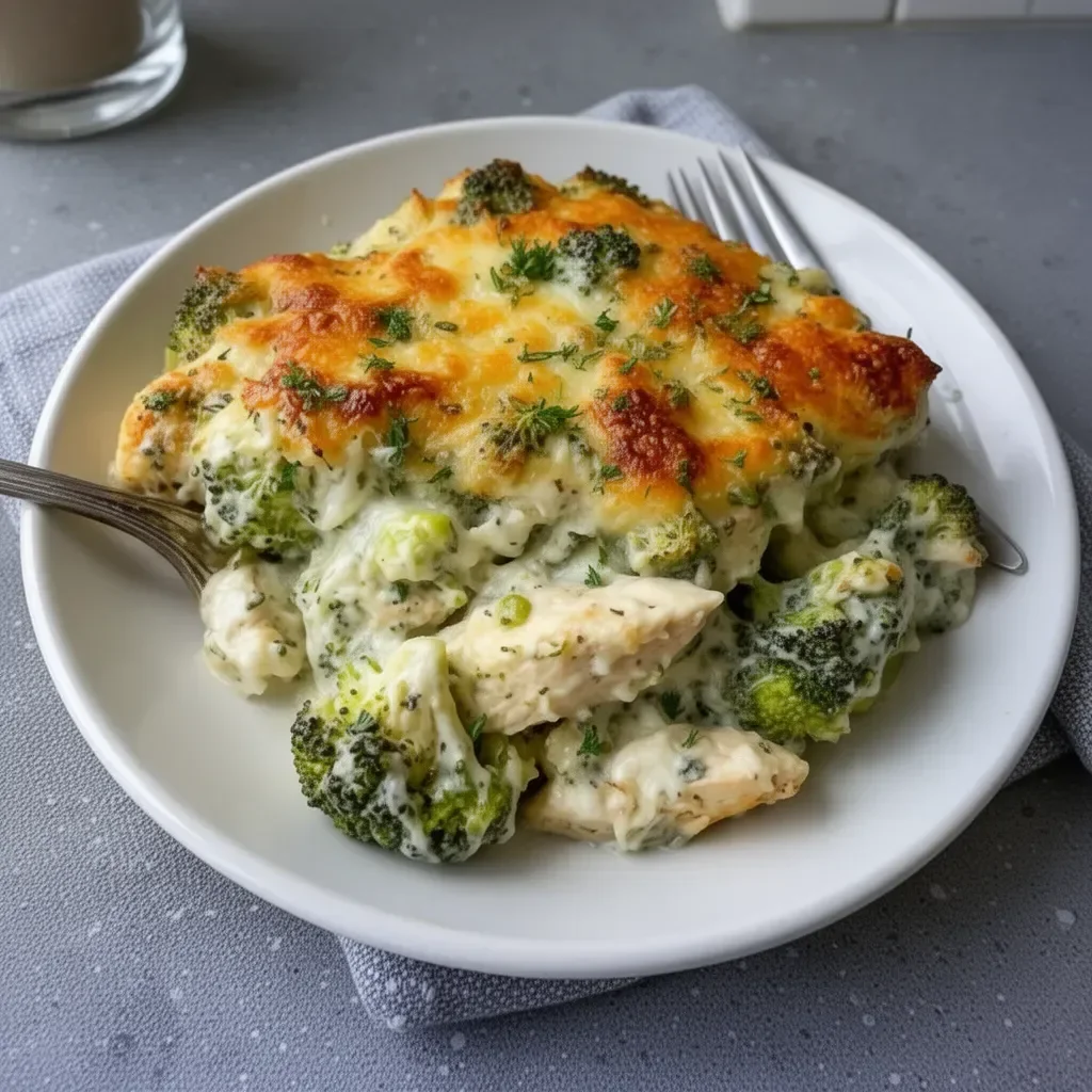 Keto Chicken Alfredo Broccoli Bake ready to serve with creamy sauce and broccoli