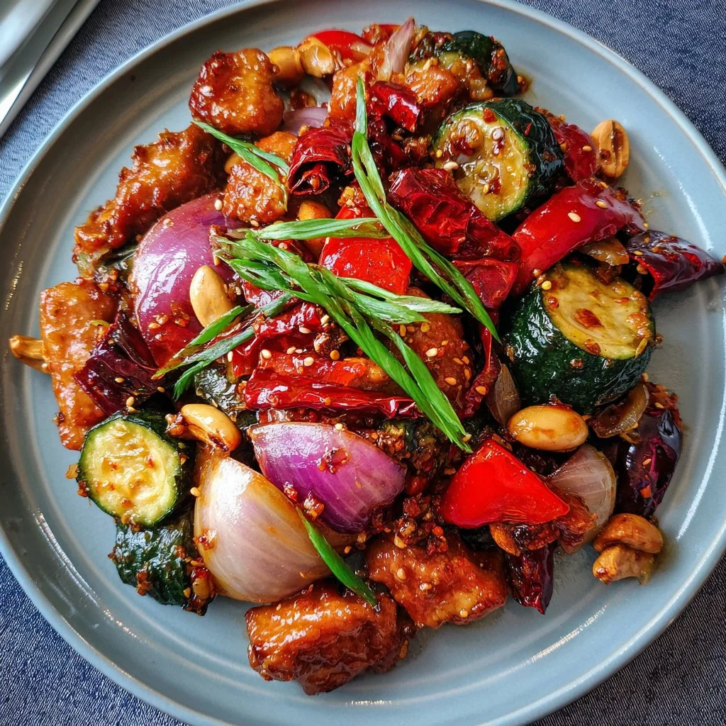 Delicious Keto Kung Pao Chicken with colorful vegetables and nuts