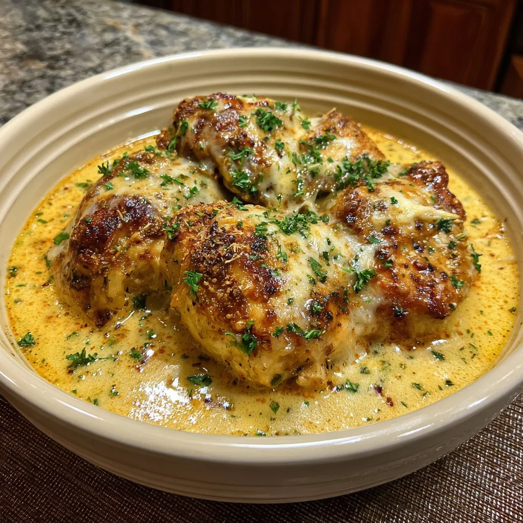 Keto Slow Cooker Garlic Parmesan Chicken served on a plate with herbs