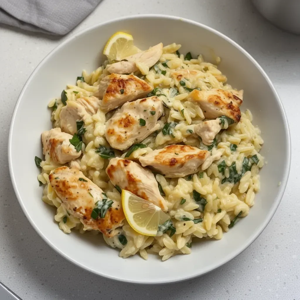 Lemon Chicken Orzo dish garnished with fresh herbs and lemon slices