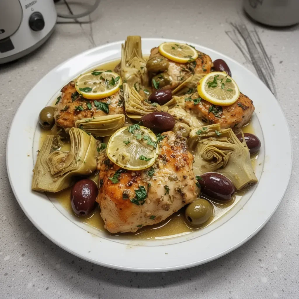 Lemon chicken with artichokes and olives garnished with herbs