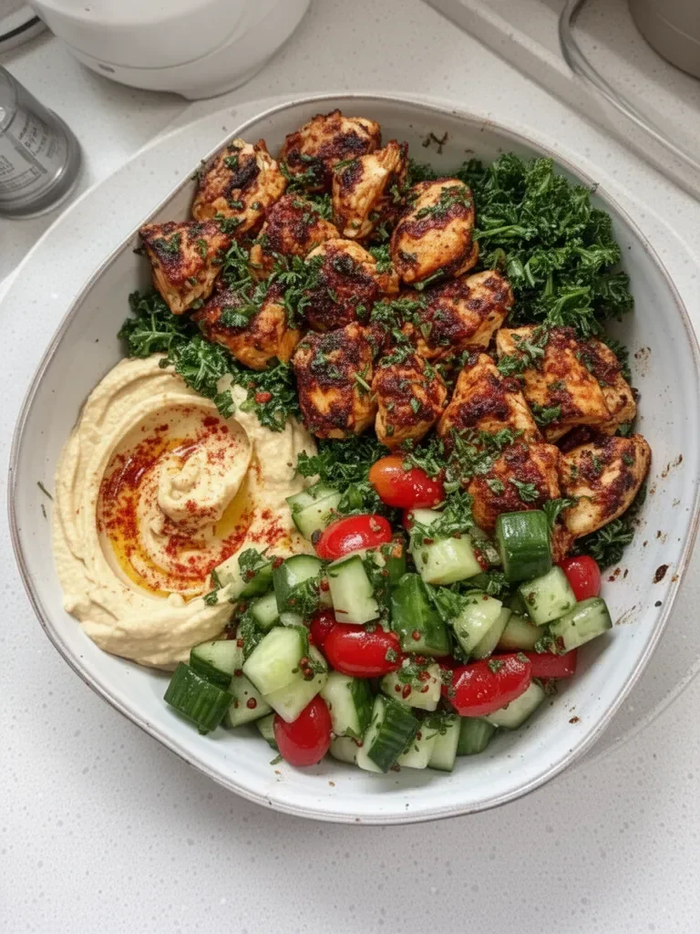 Lemon chili grilled chicken bowls with fresh cucumber salad and hummus