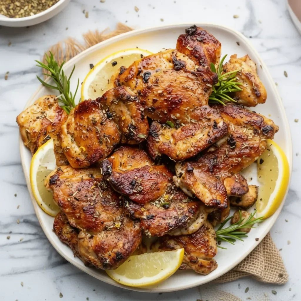 Lemon and garlic Greek marinated chicken on a grilling platter