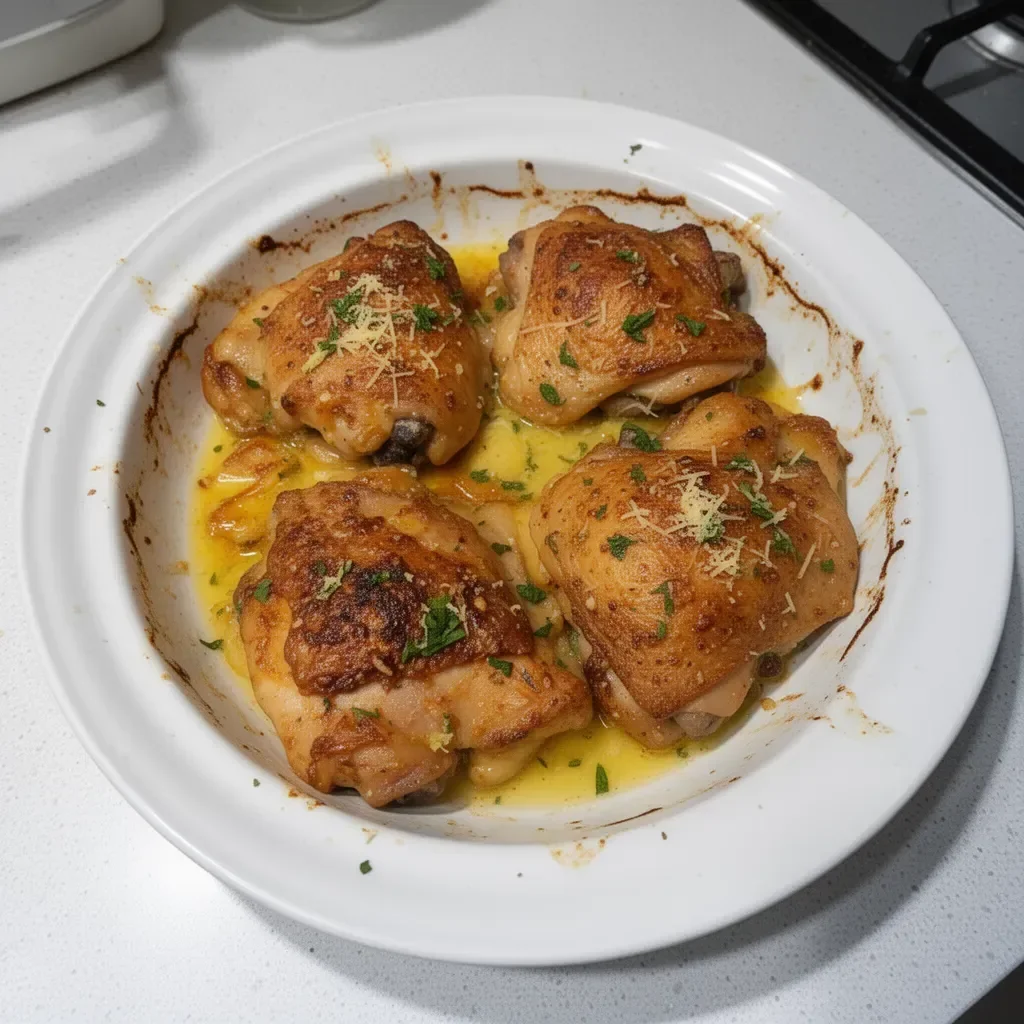 Lemon Garlic Parmesan Chicken Thighs served on a plate