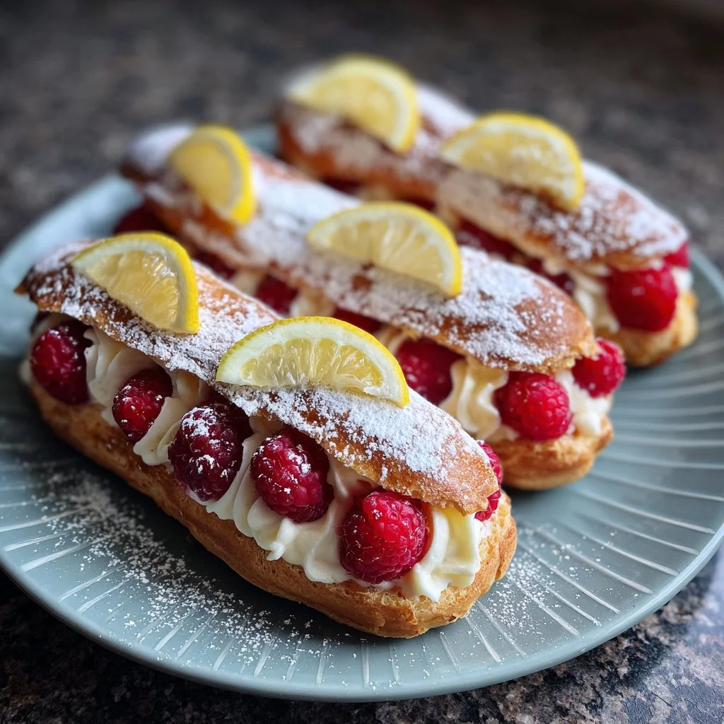 Lemon raspberry eclairs with creamy filling and raspberry glaze on a plate