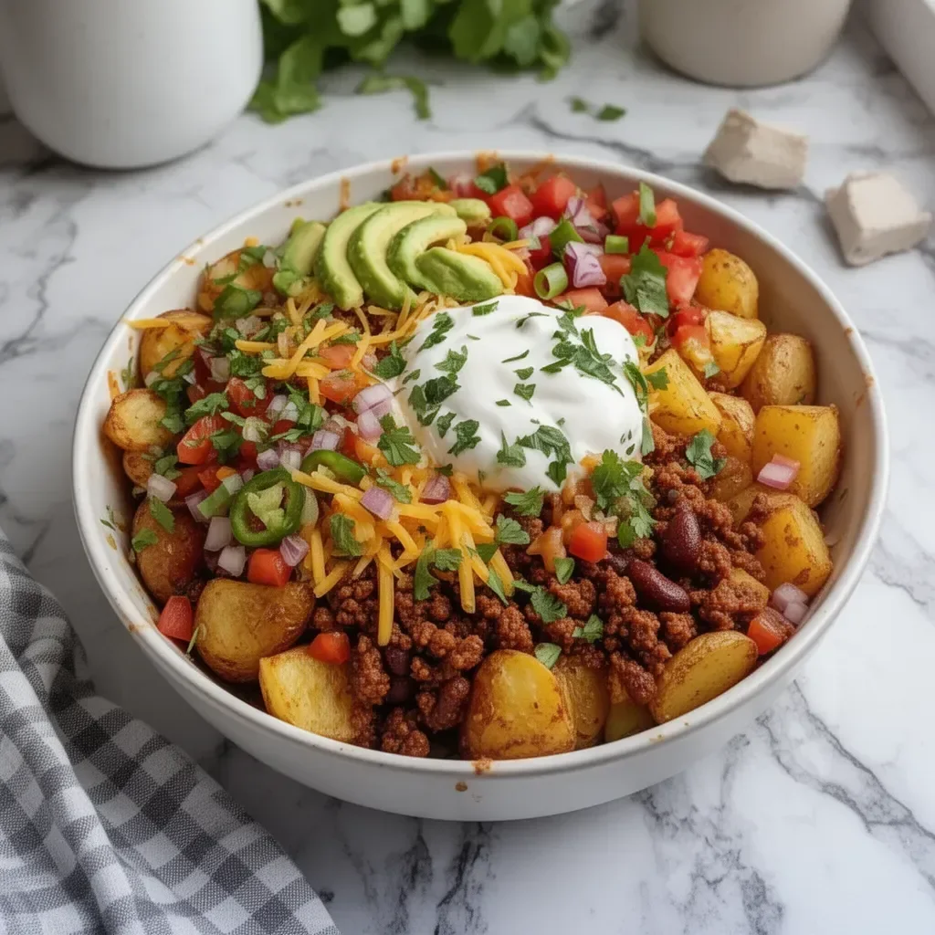 Delicious Loaded Potato Taco Bowl with toppings and colorful ingredients