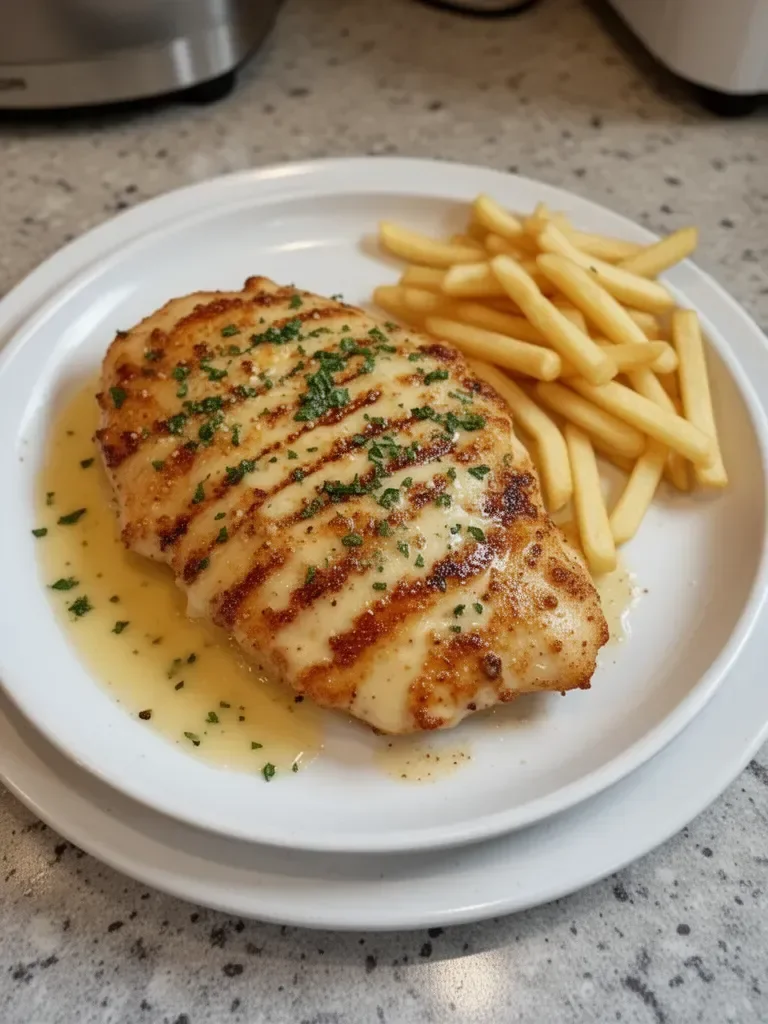 Longhorn Steakhouse style Parmesan Chicken on a plate with herbs and seasoning