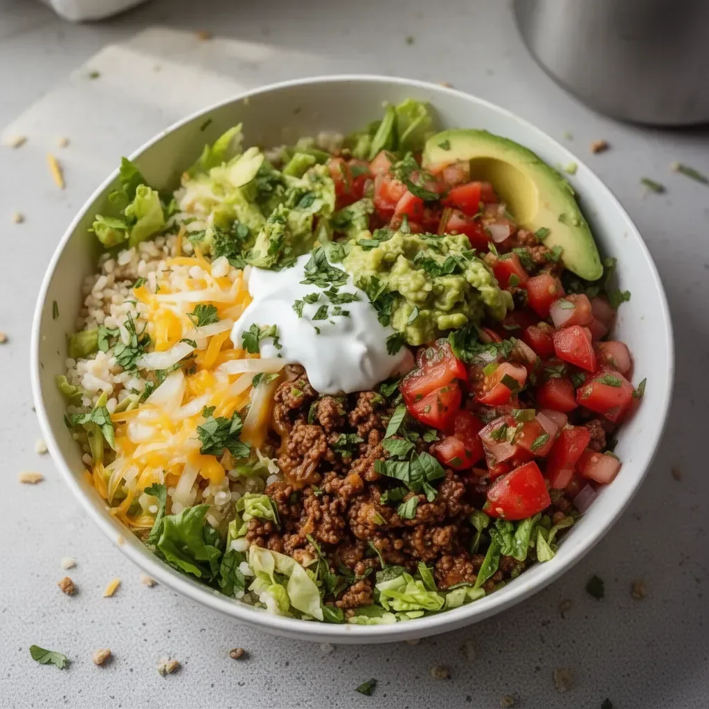 Low carb burrito bowl with fresh vegetables and meat