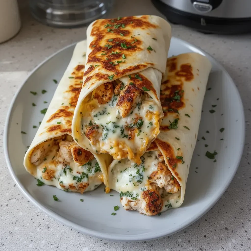 Low carb cheesy garlic chicken wraps served on a plate with fresh ingredients.