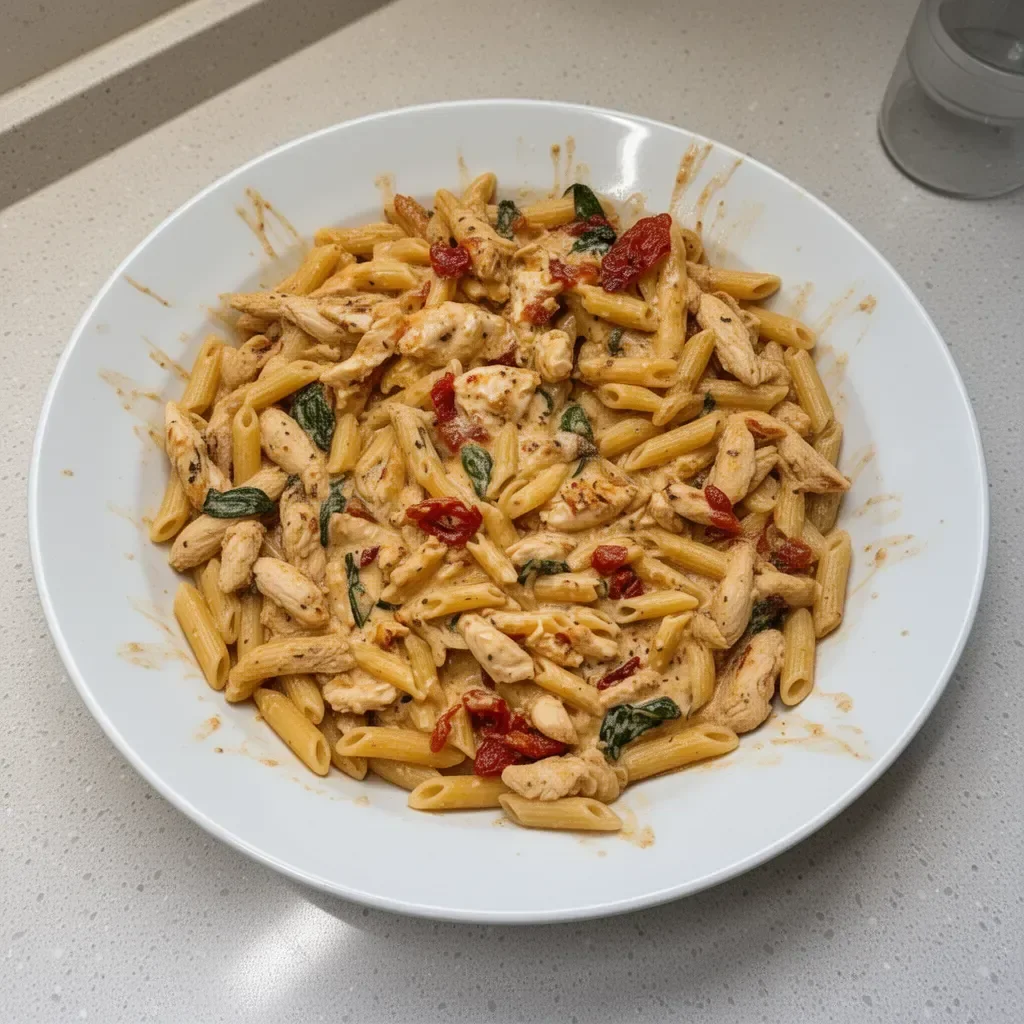 Delicious Marry Me Chicken Pasta served on a plate with herbs and sauce.