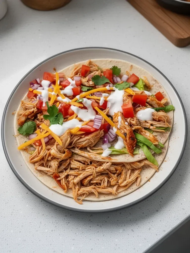 Delicious Mexican Pulled Chicken served in tacos with fresh garnishes.
