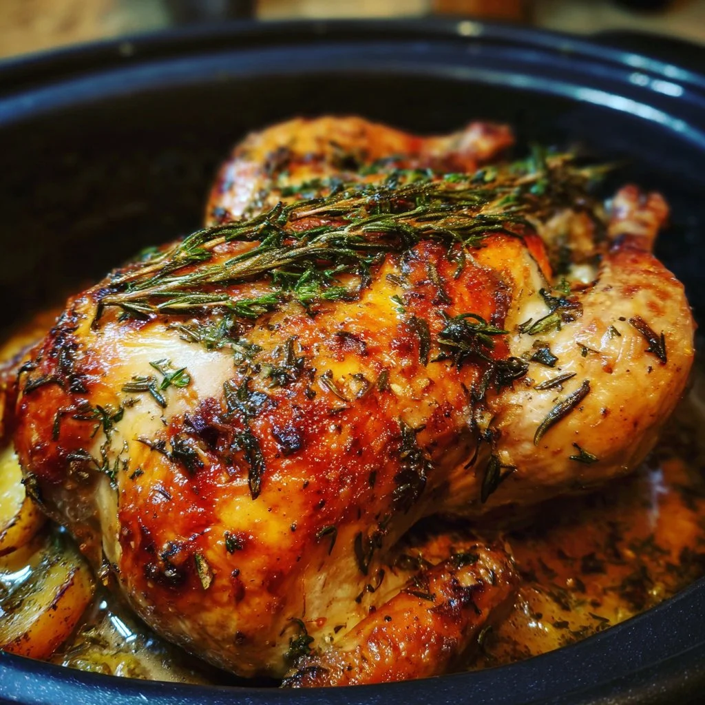 Moist and tender crockpot whole chicken with farmhouse herbs in a rustic setting.
