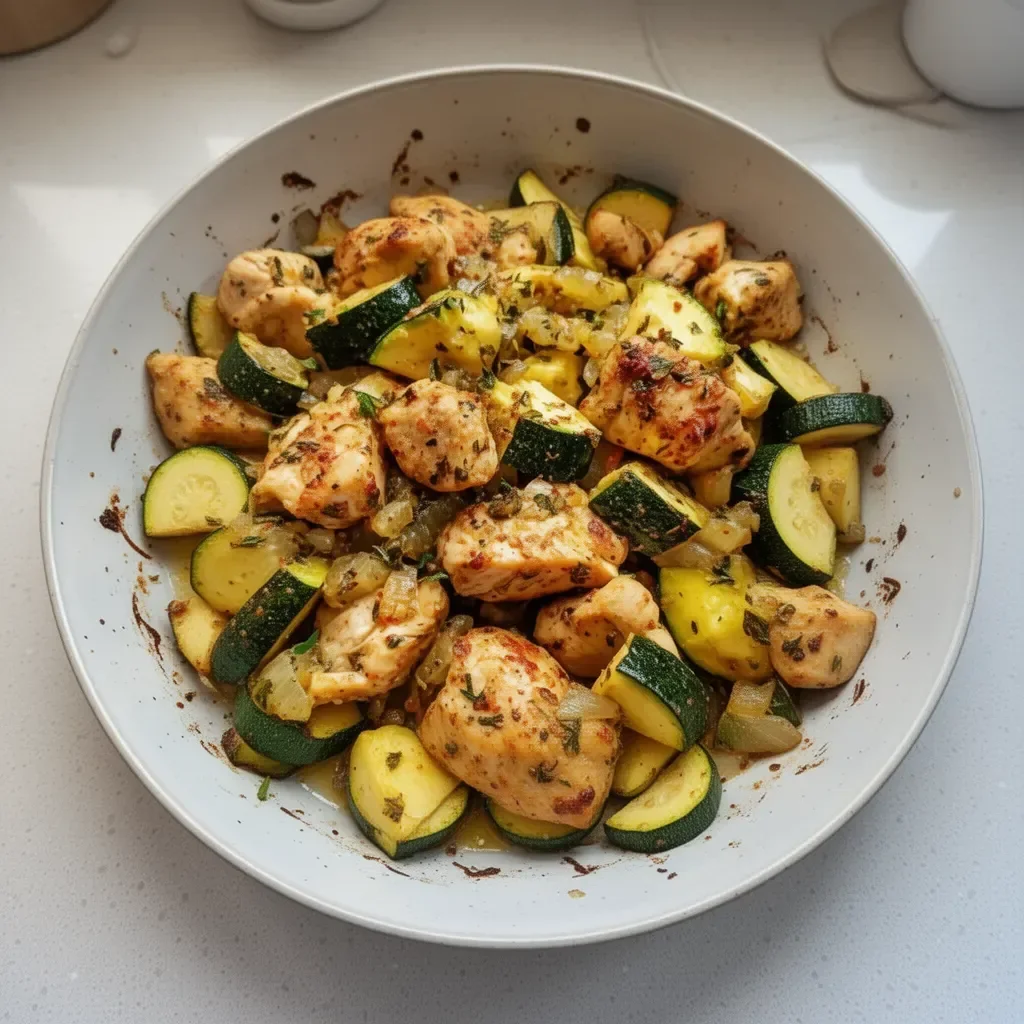 One-Pan Baked Chicken and Zucchini dish ready to serve