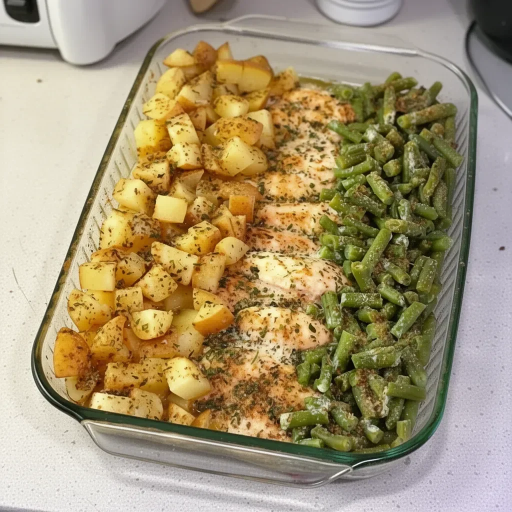 One-pan baked chicken with potatoes and green beans ready to serve
