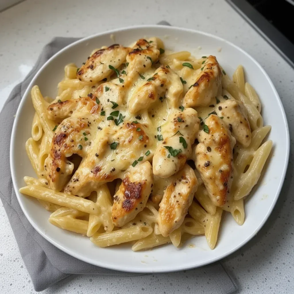 One Pan Garlic Parmesan Chicken Pasta dish served in a skillet