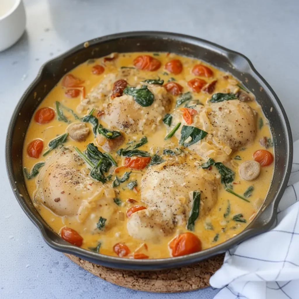 One Pan Tuscan Chicken Thighs with vibrant herbs and vegetables