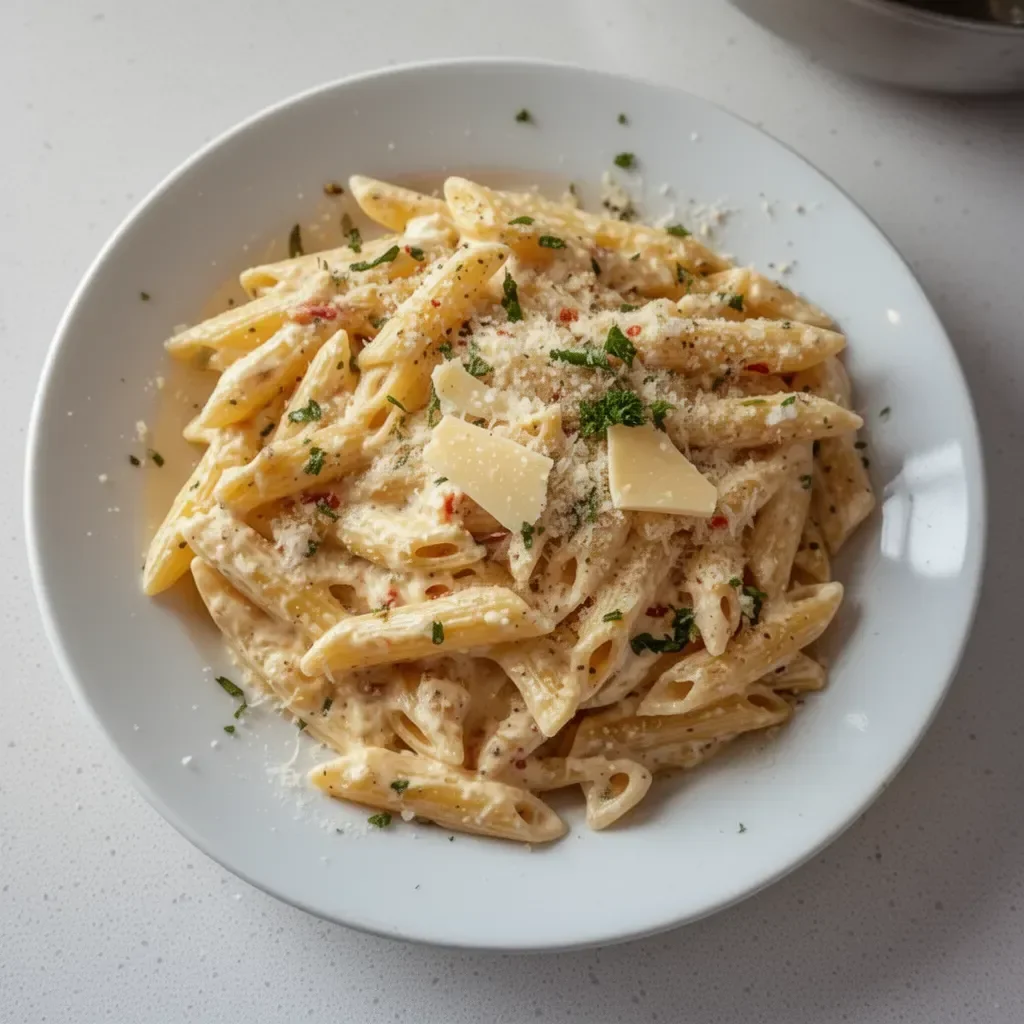 Bowl of creamy garlic pasta topped with parsley and parmesan cheese