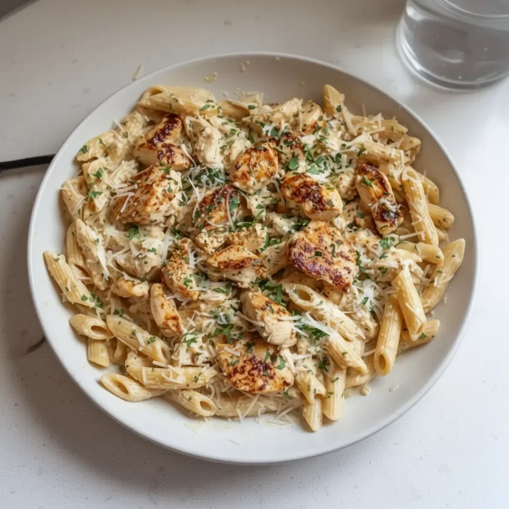 Delicious one pot creamy parmesan chicken pasta ready to serve