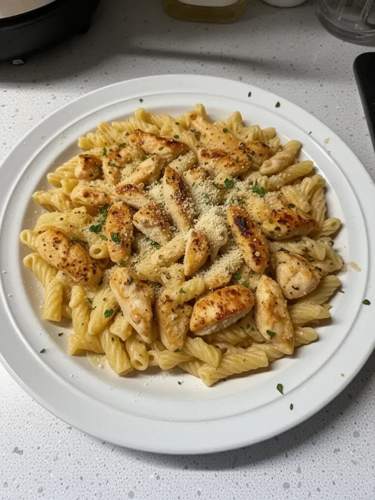 One pot garlic parmesan chicken pasta served in a bowl with herbs.