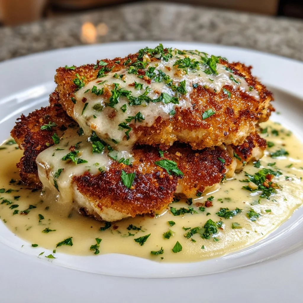 Delicious Parmesan Crusted Chicken with creamy garlic sauce served on a plate