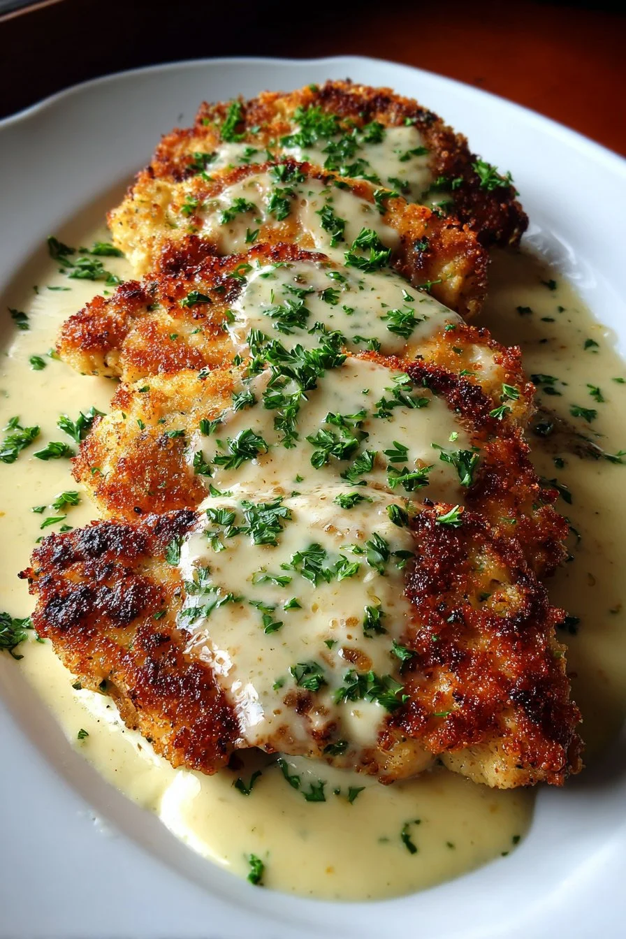 Parmesan Crusted Chicken with Creamy Garlic Sauce – Easy Family Dinner Recipe