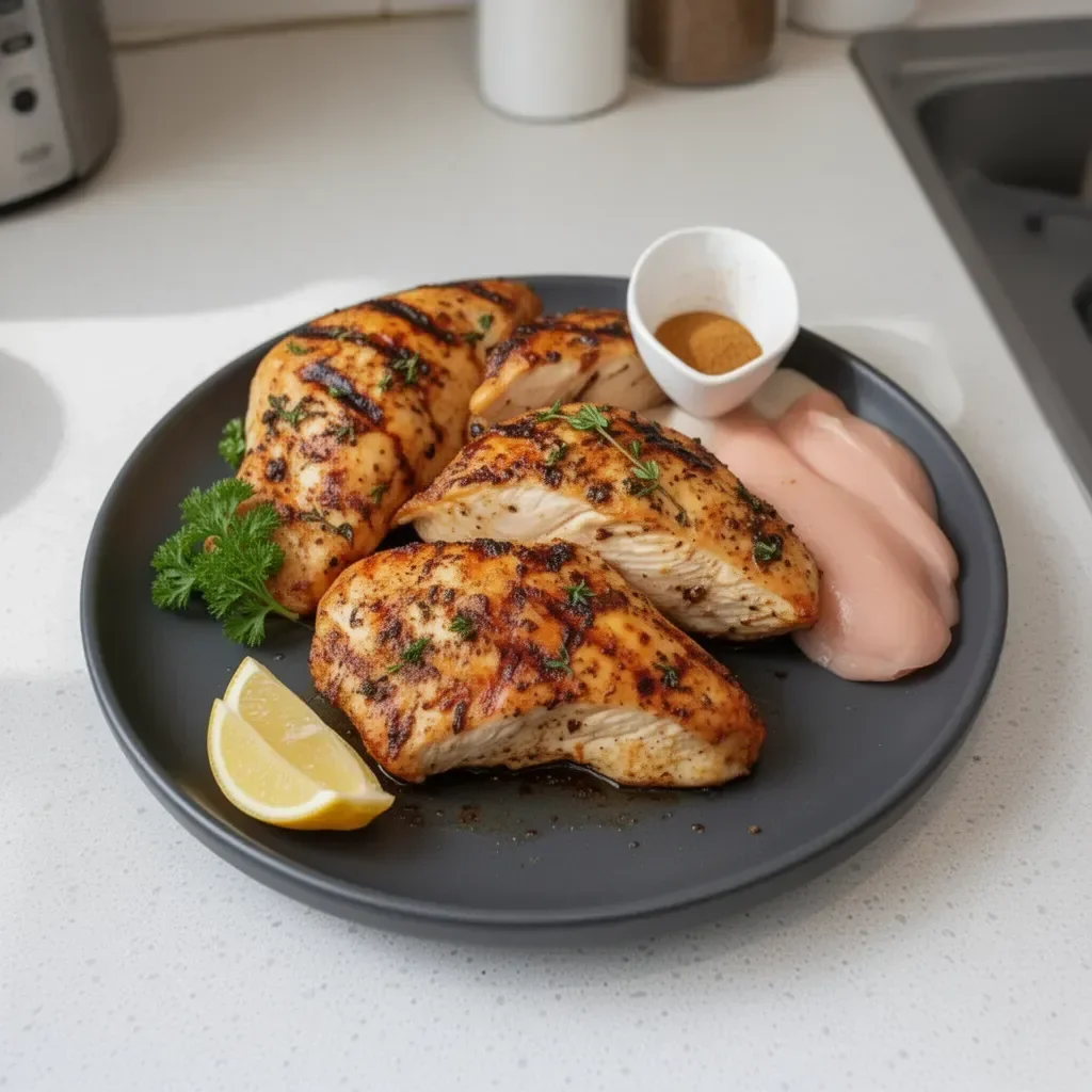 Juicy air fryer grilled chicken served on a plate with herbs and vegetables.