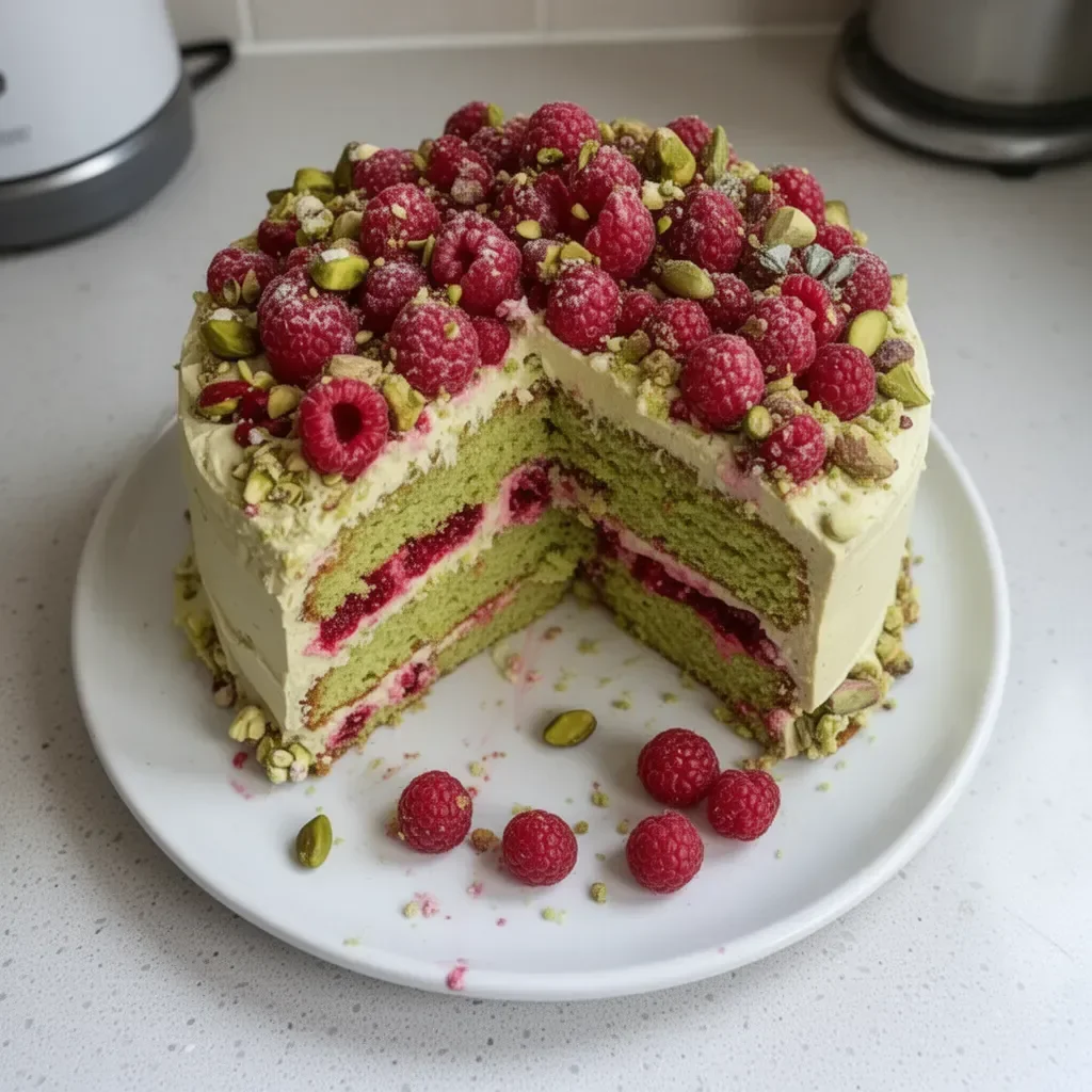 Slice of Pistachio Raspberry Cake with raspberries and nuts on a plate