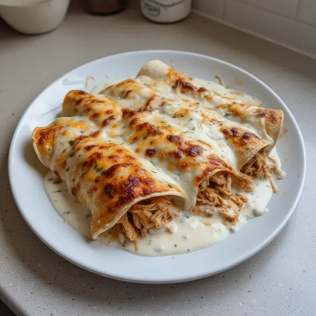 Delicious protein chicken enchiladas with creamy white sauce on a plate