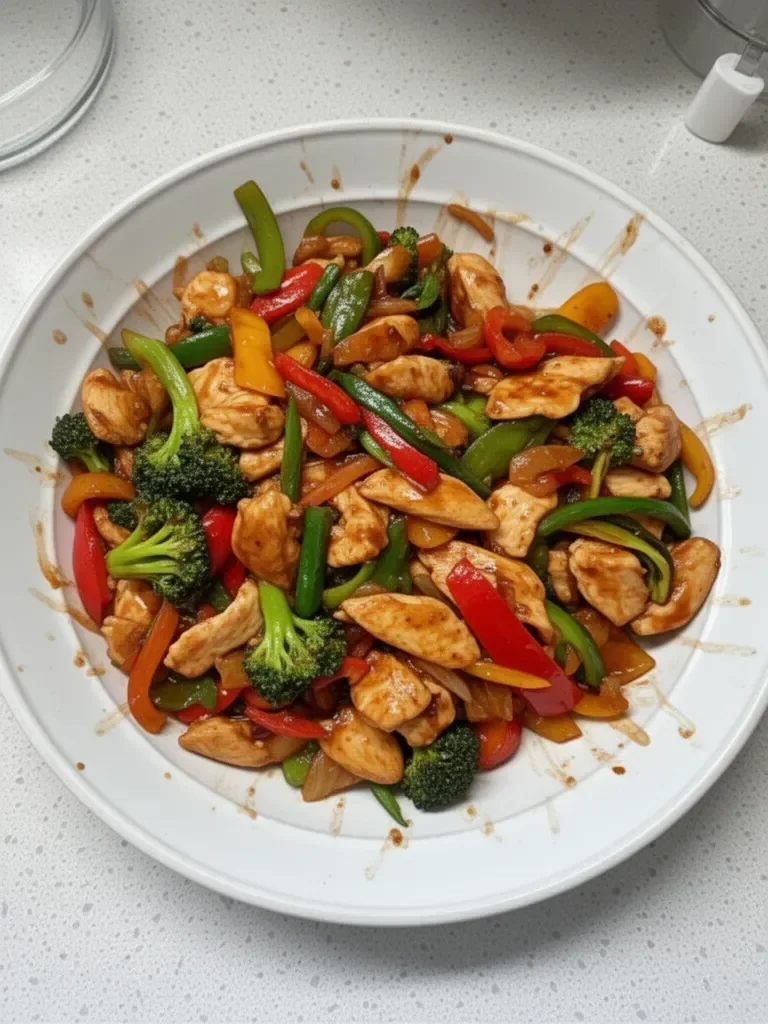 Quick chicken stir fry featuring colorful vegetables and savory sauce