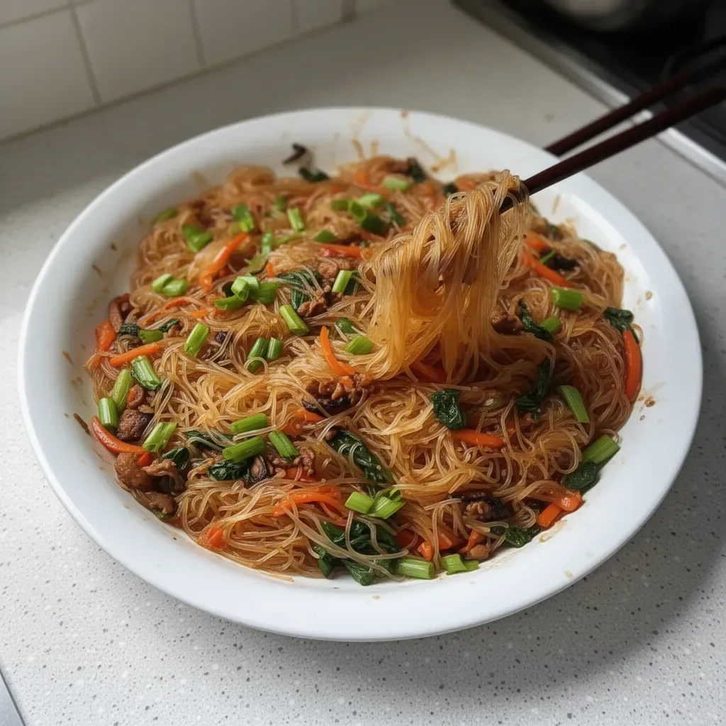 Colorful rice noodle stir-fry with vegetables in a skillet