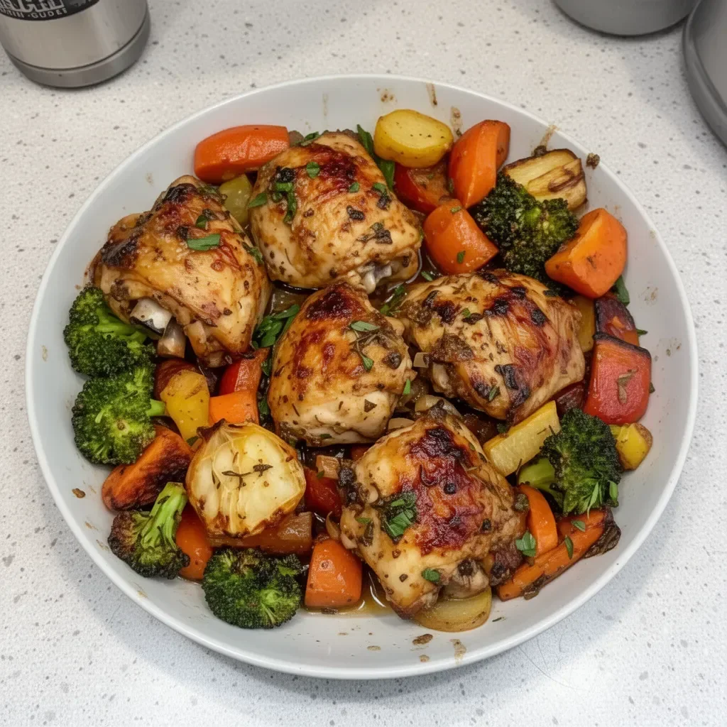 Delicious roasted garlic chicken served with colorful roasted vegetables.