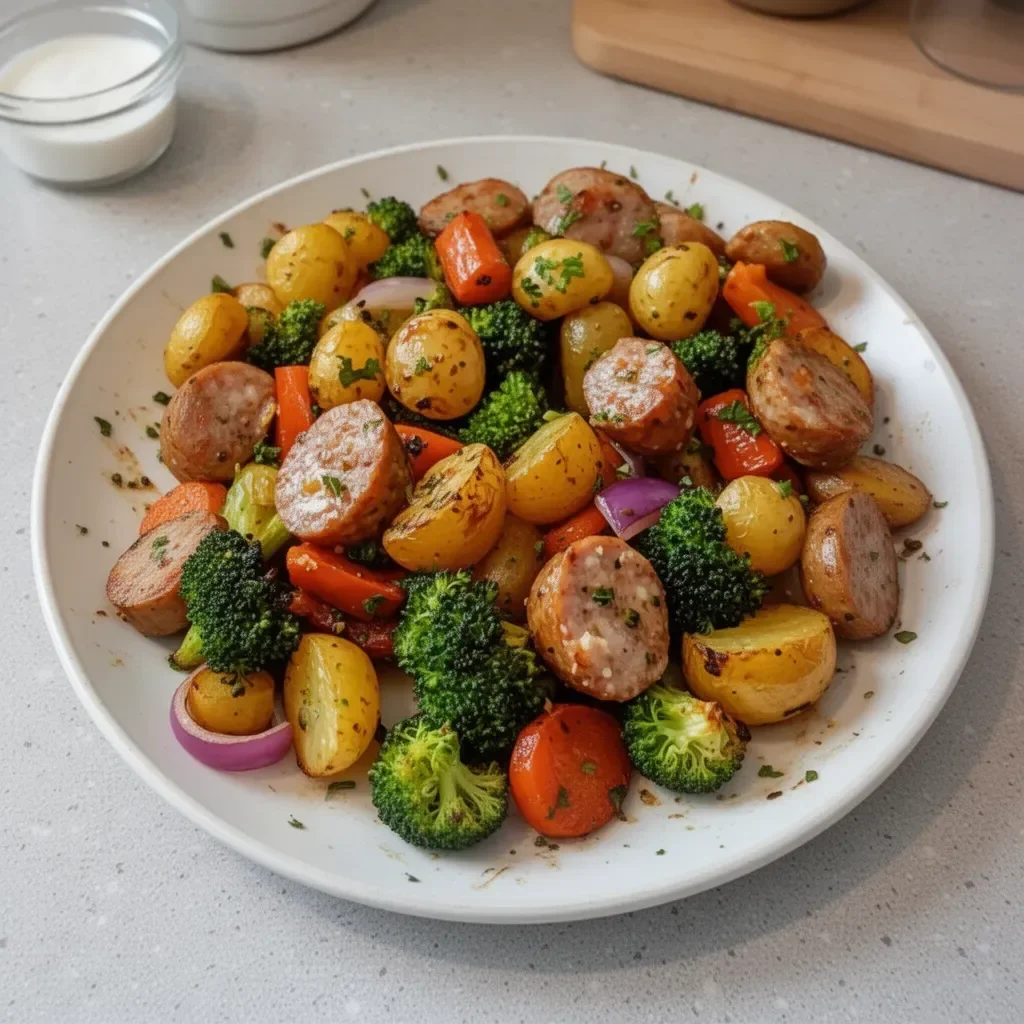 Roasted veggie and chicken sausage sheet meal on a serving plate