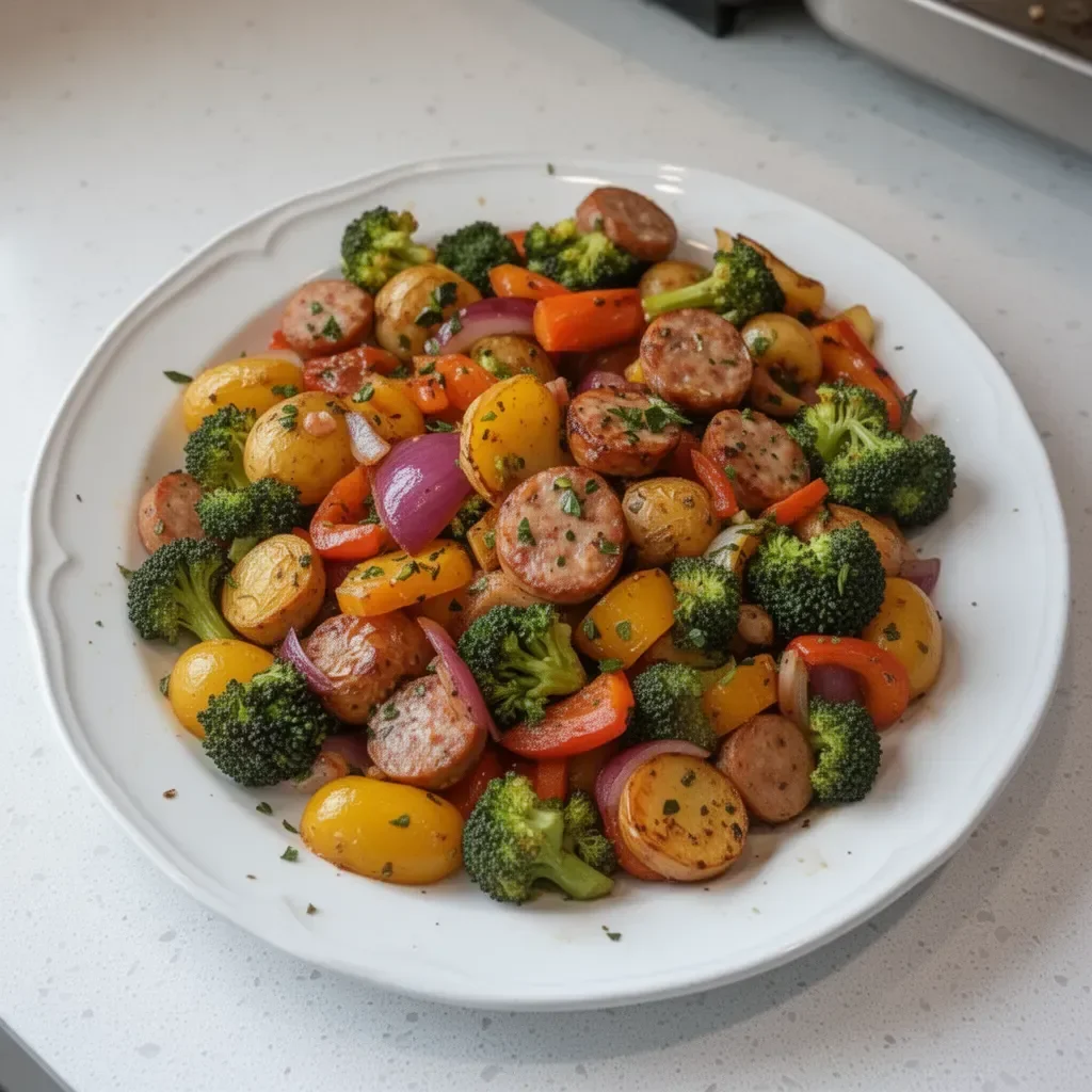 Roasted veggie and chicken sausage sheet pan dinner, vibrant and healthy meal.