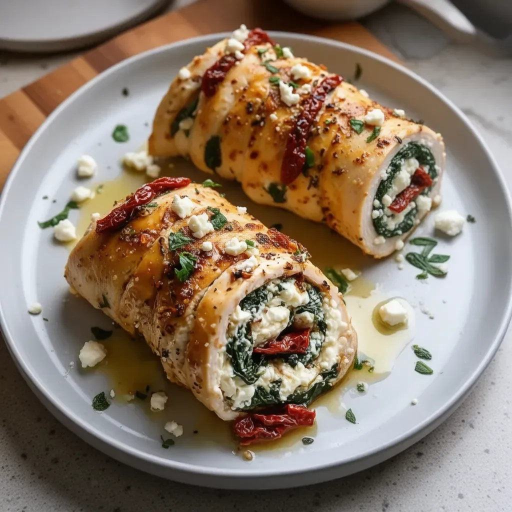 Rolled up chicken filled with feta cheese, spinach leaves, and sun-dried tomatoes