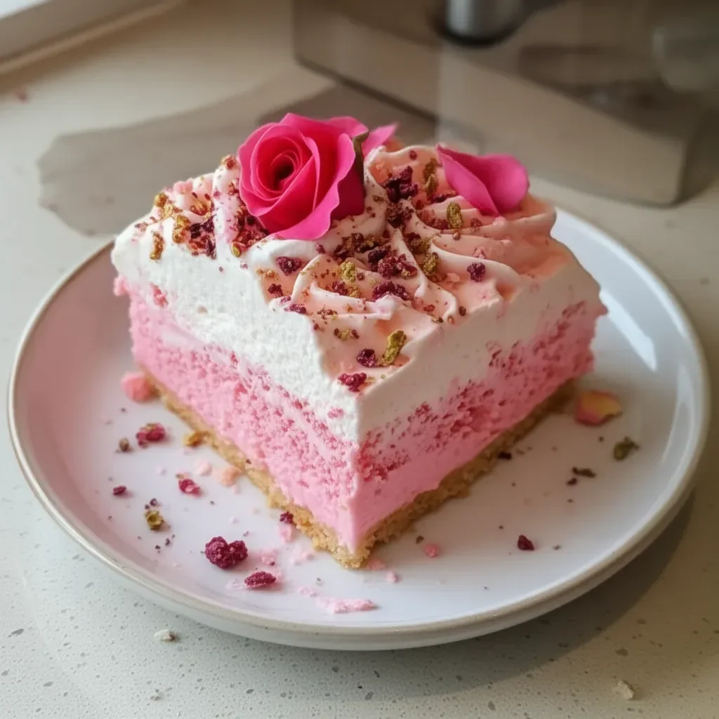 Delicious rose milk cake topped with rose petals and cream