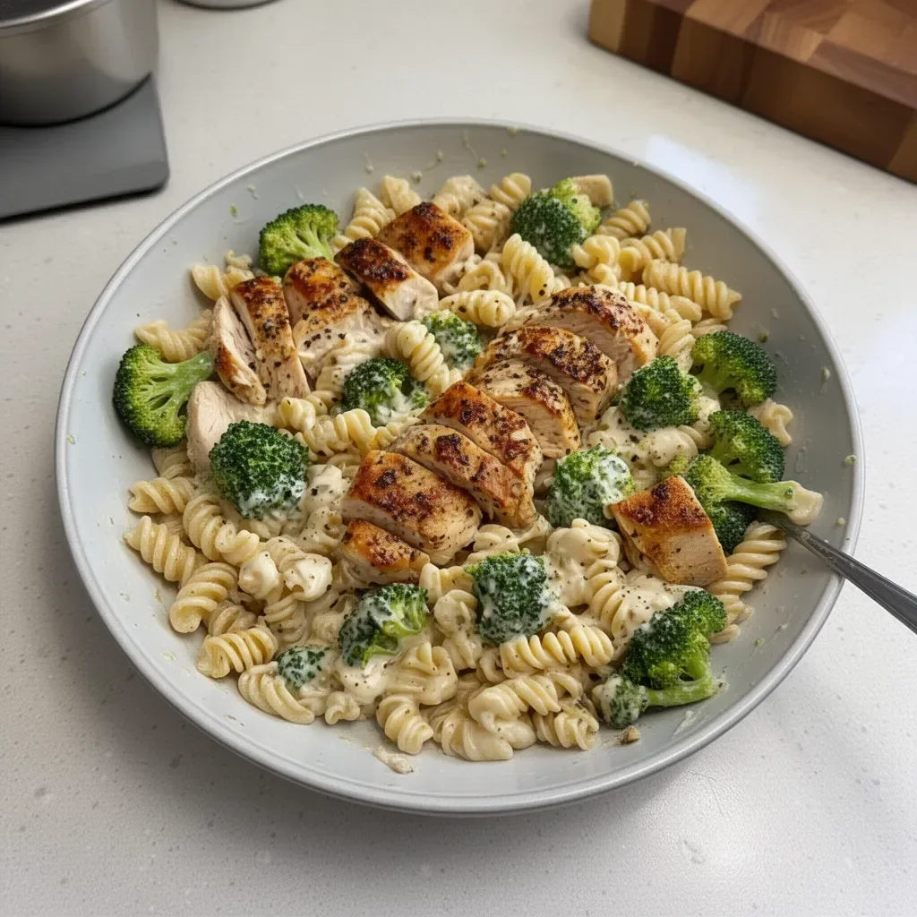 Rotisserie chicken broccoli pasta served in a bowl with fresh herbs