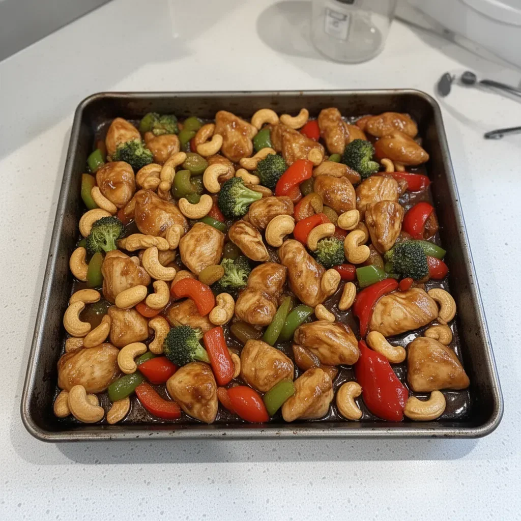 Savory Sheet Pan Cashew Chicken dish served on a dinner plate