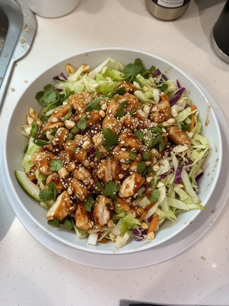 Sesame Chicken Cabbage Crunch Salad with vibrant vegetables and chicken pieces