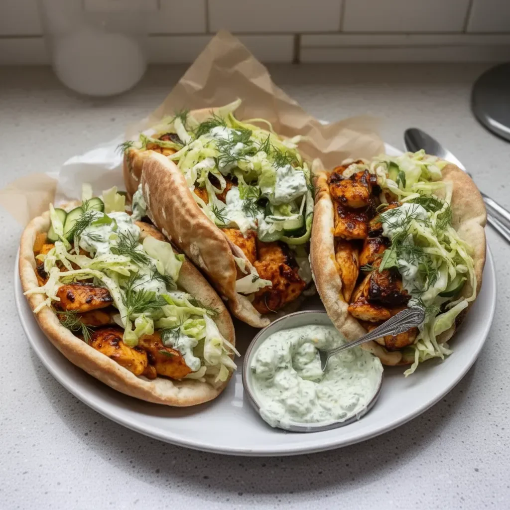 Sheet pan chicken pitas with herby ranch served on a plate