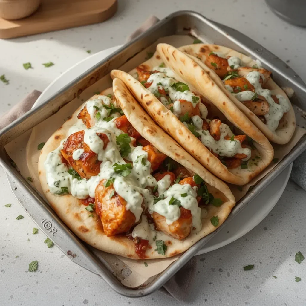 Sheet Pan Chicken Pitas with Herby Ranch served on a plate with fresh ingredients
