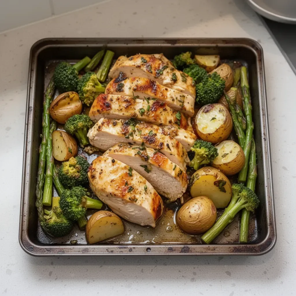 Sheet pan featuring garlic butter chicken and colorful vegetables ready to serve