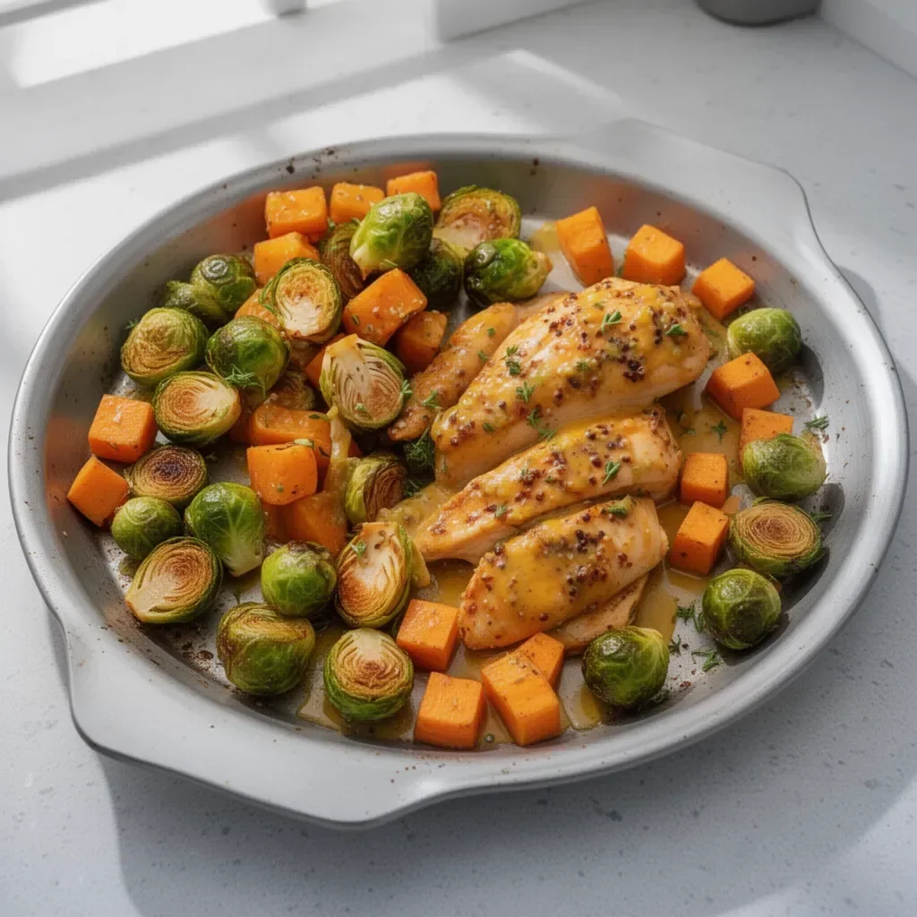 Sheet Pan Honey Dijon Chicken with Sweet Potatoes and Brussels Sprouts