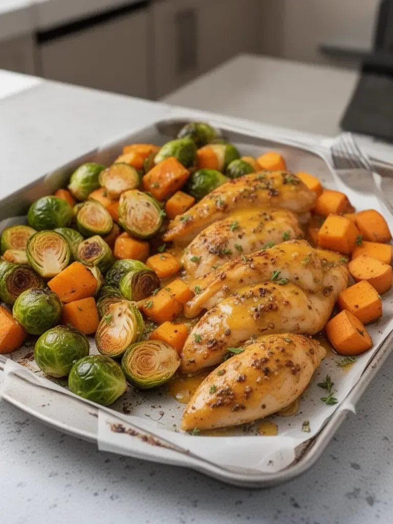 Sheet Pan Honey Dijon Chicken with Sweet Potatoes and Brussels Sprouts