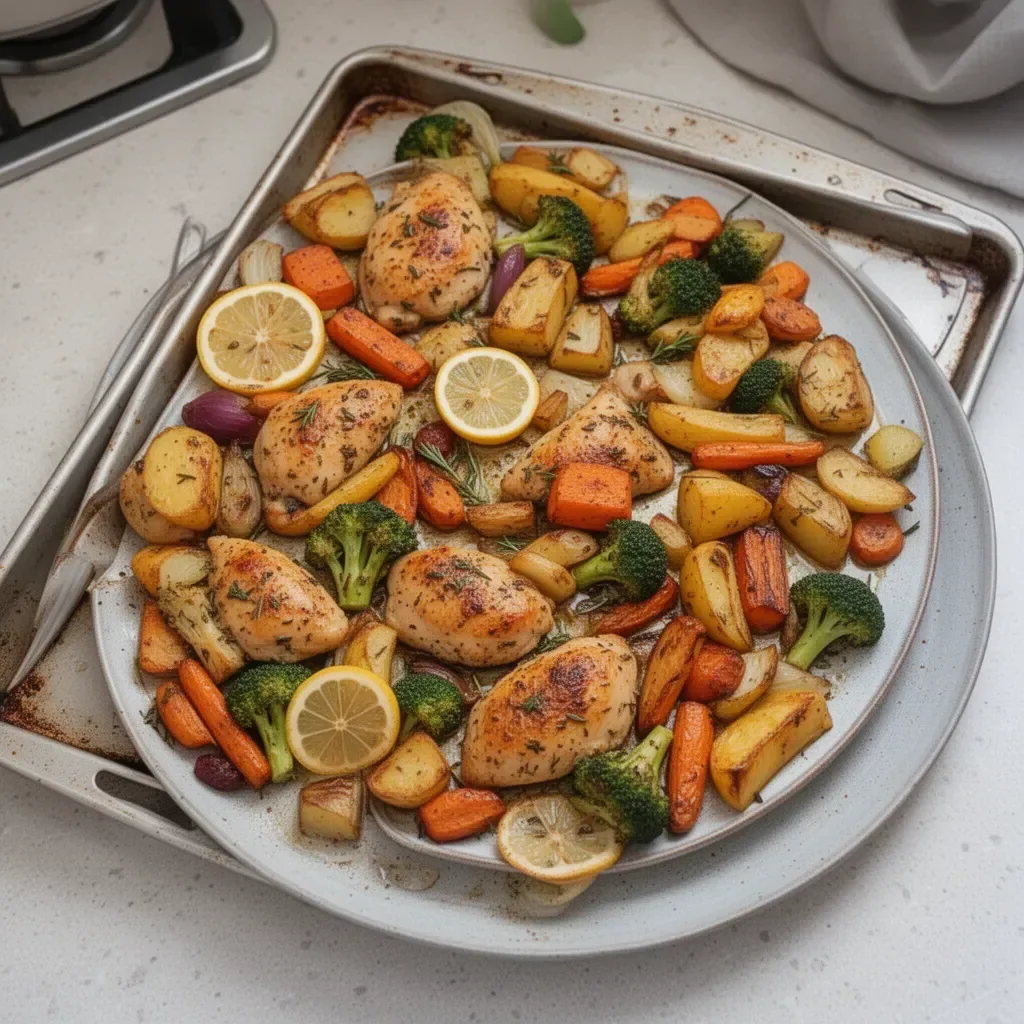 Sheet Pan Lemon Herb Chicken with assorted vegetables on a baking sheet