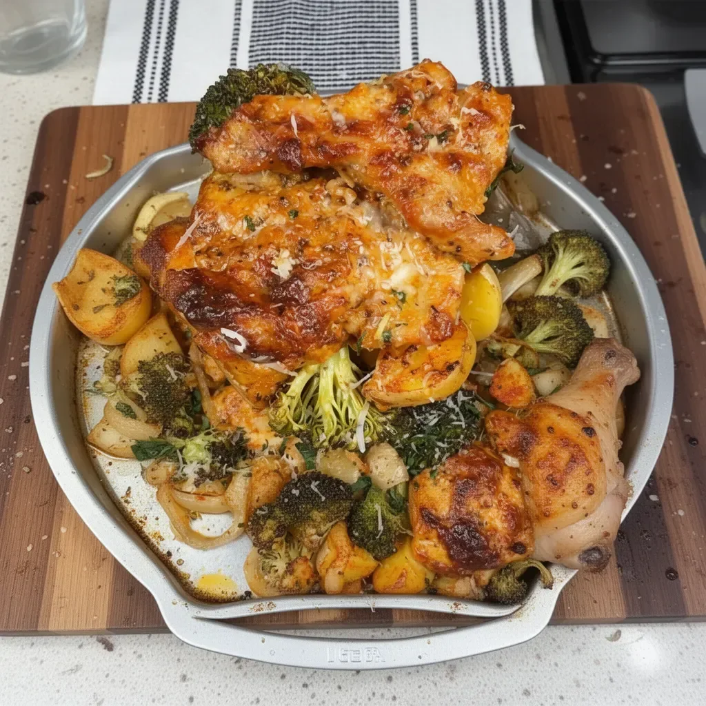 Sheet pan with Parmesan garlic chicken thighs roasted to perfection