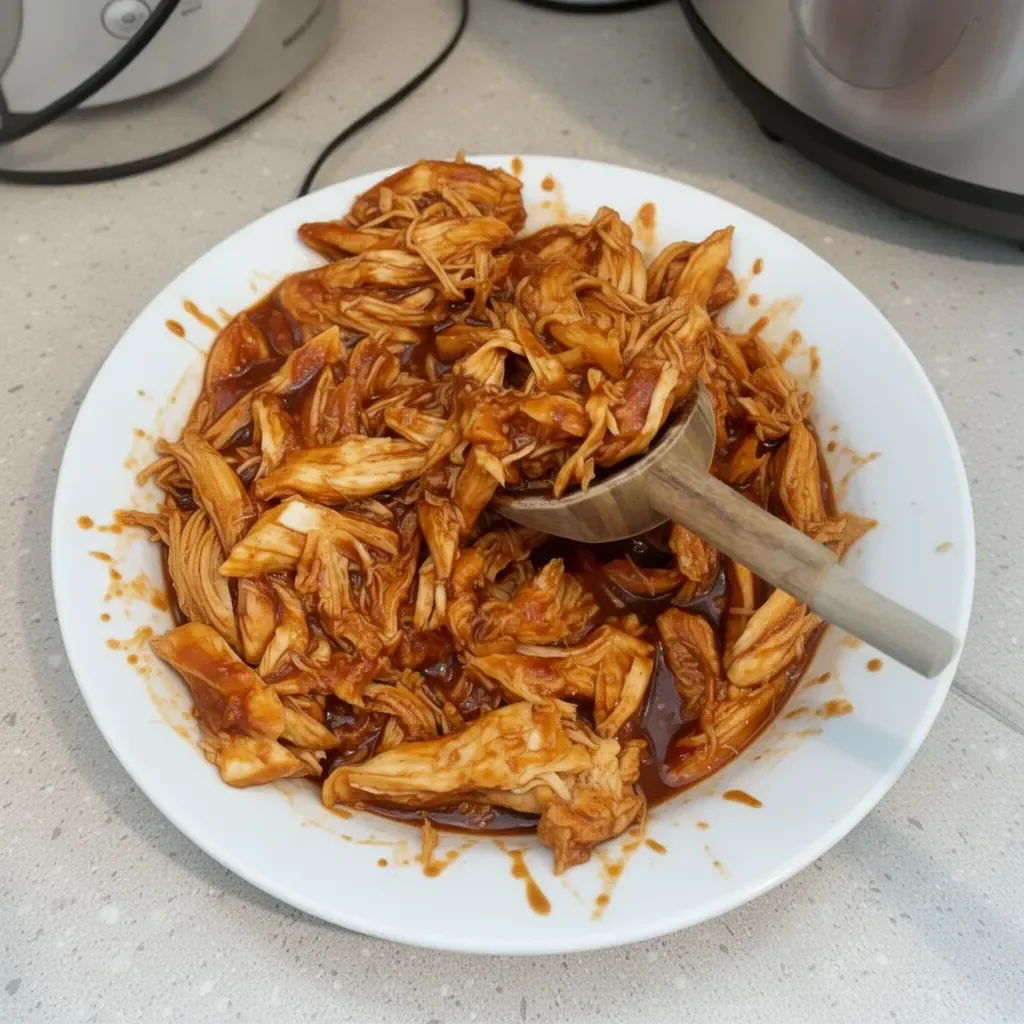Slow cooked BBQ chicken served with sides on a rustic wooden table