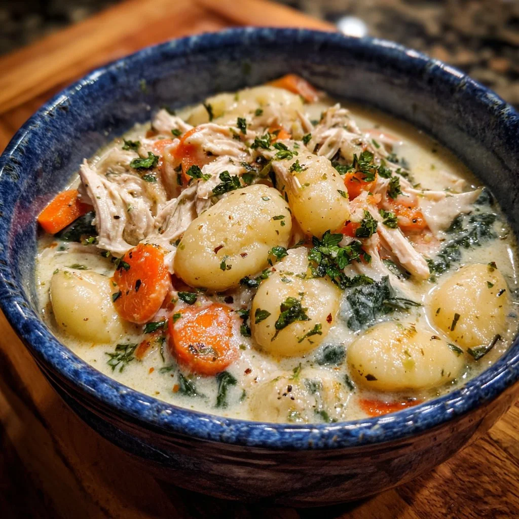 Bowl of slow cooker chicken gnocchi soup with vegetables and herbs