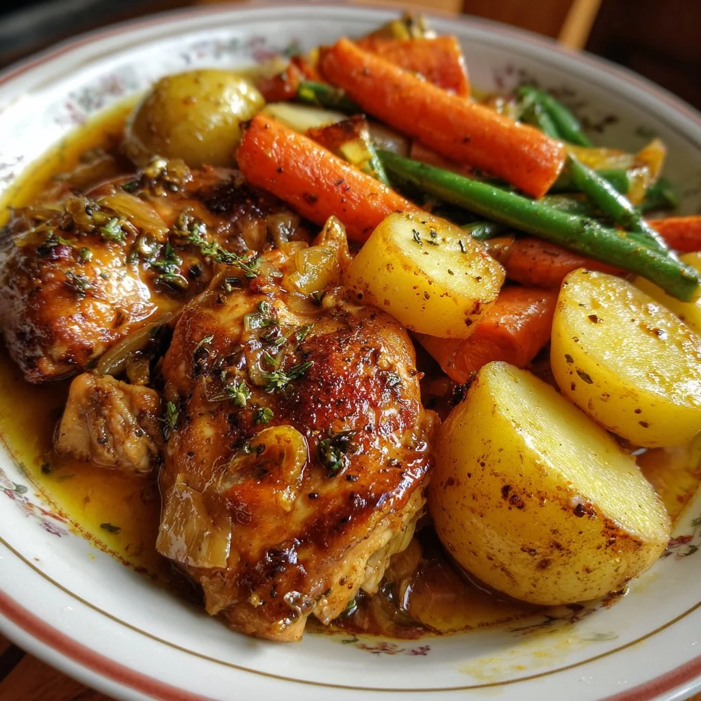 Slow cooker garlic butter chicken with fresh veggies ready to serve.